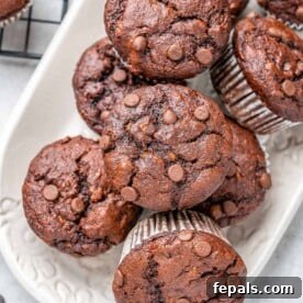 Top view of decadent double chocolate peanut butter banana muffins on a pristine white platter.