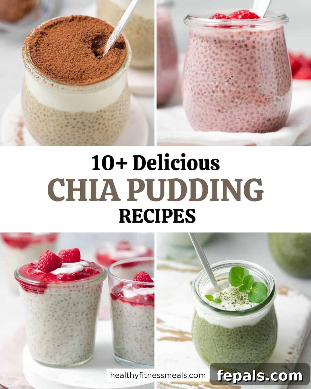 12+ Effortless Chia Pudding Ideas 2 A vibrant collage featuring four different chia pudding creations, each showcasing unique toppings and flavors like berries, chocolate, and tropical fruits.