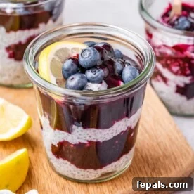 Close-up of a glass jar showcasing beautiful alternating layers of creamy chia pudding and vibrant blueberry compote, garnished with fresh blueberries on top.