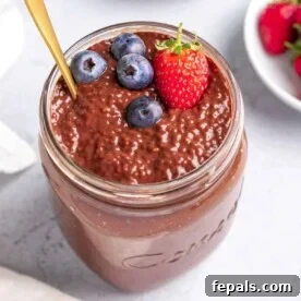 Top view of rich chocolate chia pudding served in a jar, generously topped with fresh blueberries and vibrant strawberries, creating a delightful contrast.