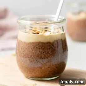 A glass jar of rich chocolate chia pudding, generously topped with a swirl of creamy peanut butter and a sprinkle of chocolate chips, resembling a classic peanut butter cup.