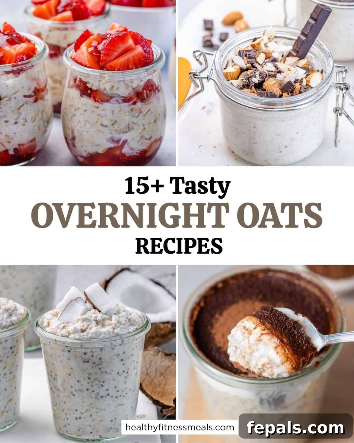 A vibrant roundup collage featuring four different overnight oat recipes, beautifully presented in jars, showcasing a variety of toppings and flavors. Perfect for a healthy, no-cook breakfast.