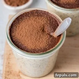 A charming jar of tiramisu overnight oats, dusted with cocoa powder and featuring a spoon invitingly placed inside, hinting at the rich, dessert-like flavors.