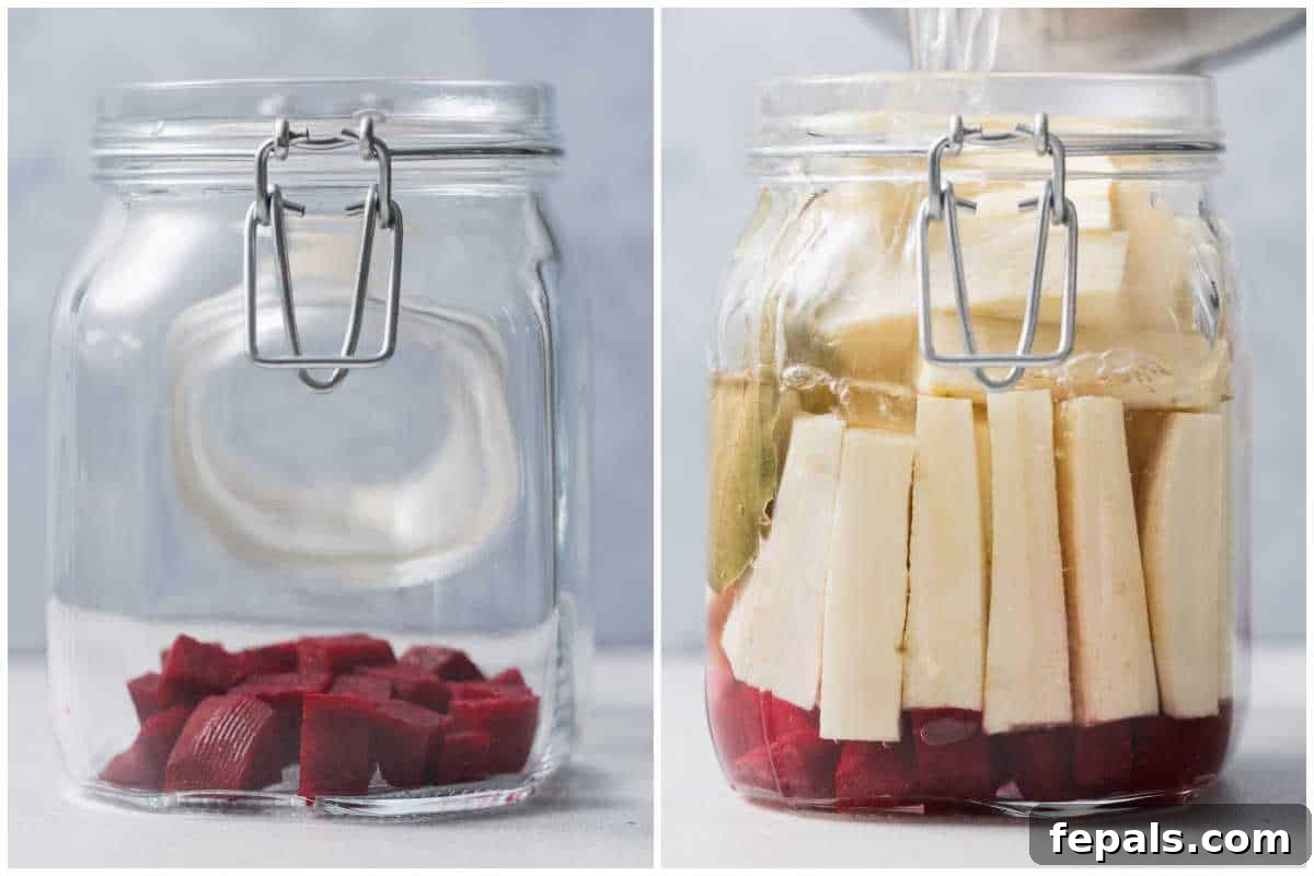 Process shot illustrating beets being added to a jar, followed by turnips, and then the pickling brine being poured over them.
