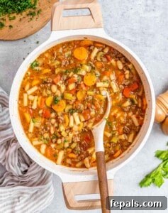 Finished pasta fagioli soup in a bowl.