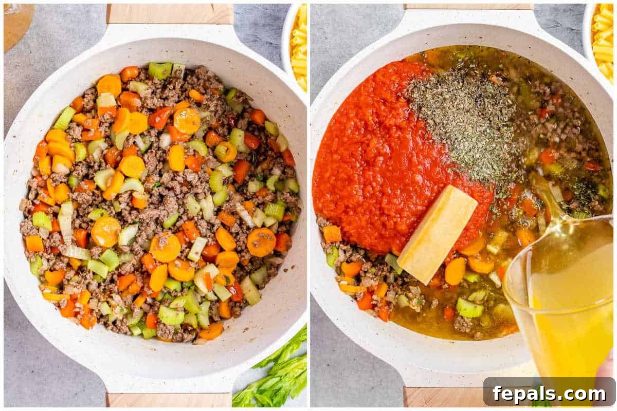 Process shot of adding crushed tomatoes, broth, and seasonings to the sautéed beef and vegetables in a pot.