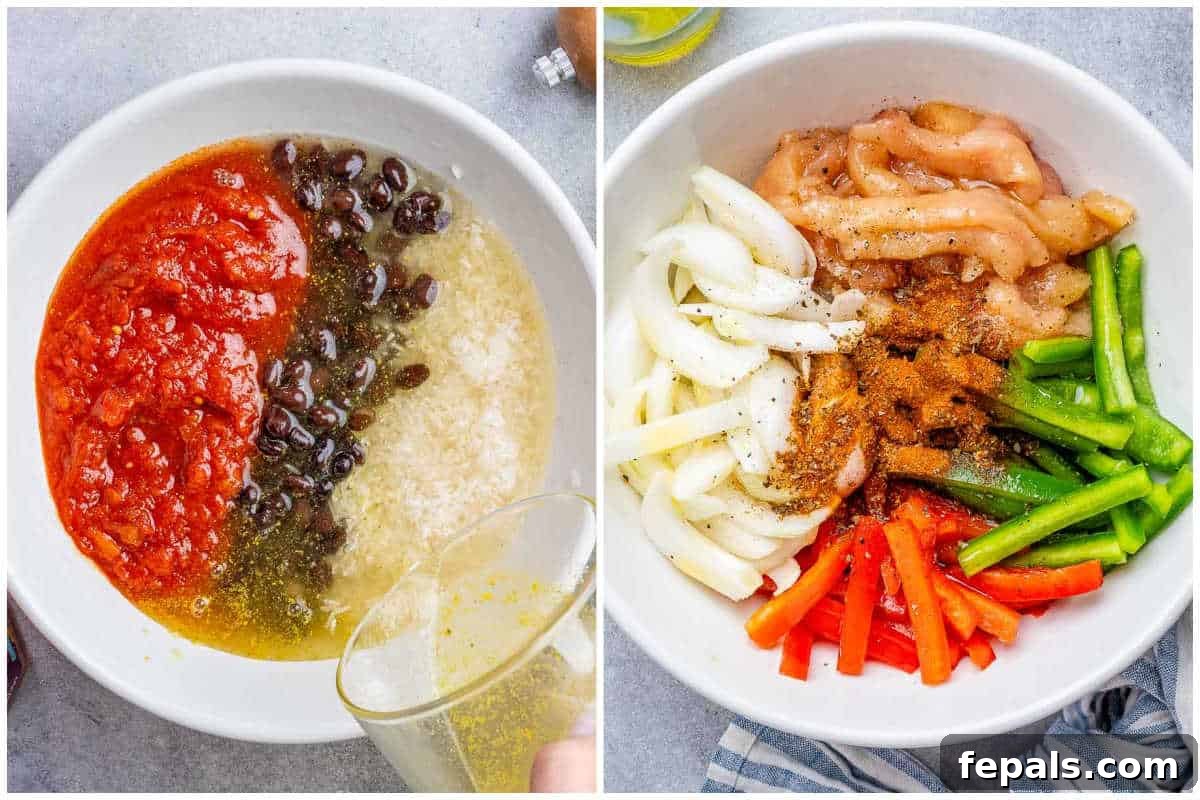 Process shots showing how to prepare the base for the chicken fajita casserole: first, the salsa and beans are mixed with rice, and then, a separate bowl with seasoned chicken and sliced bell peppers is prepared.