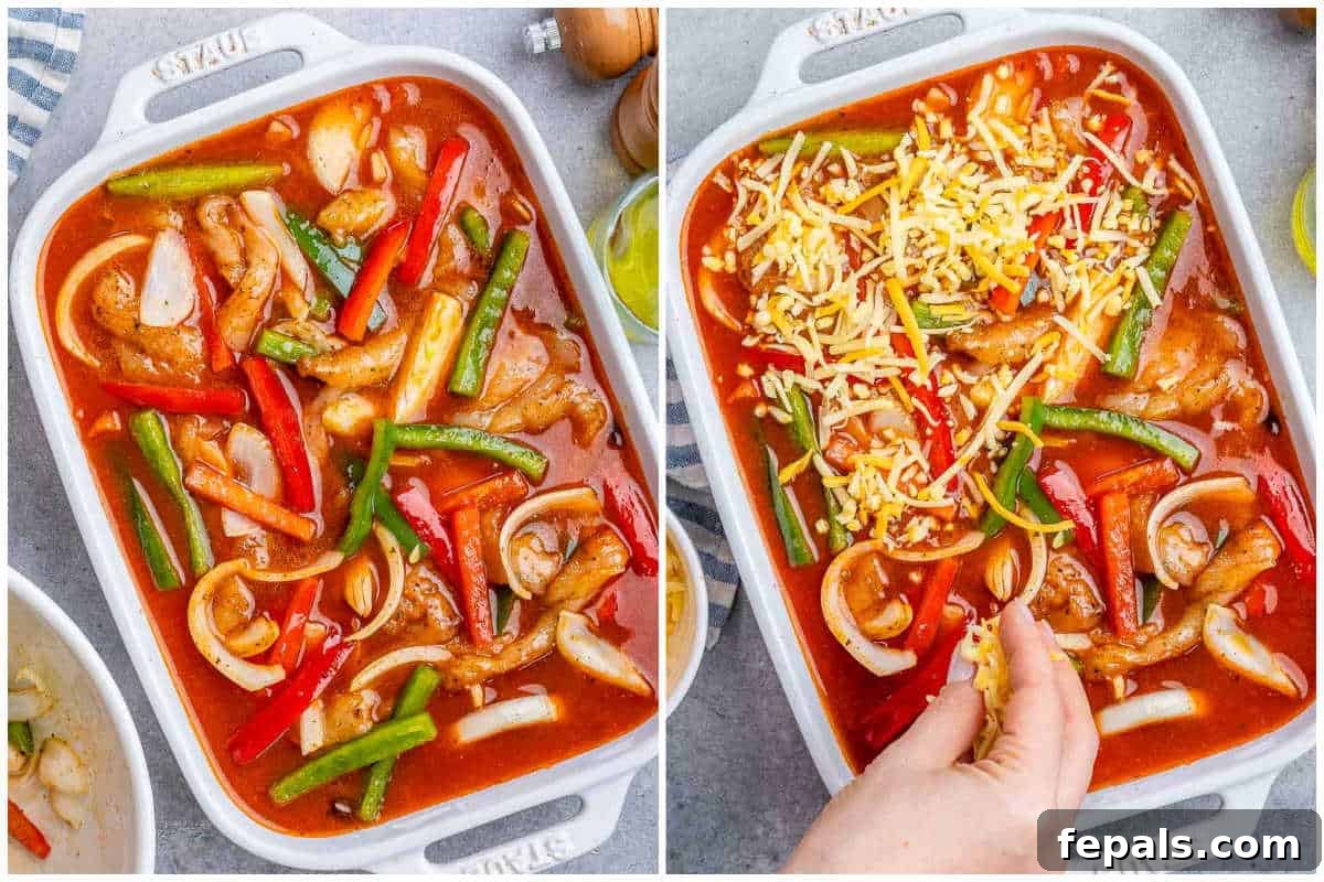 Process shots of assembling the chicken fajita casserole: the seasoned chicken and vegetable mixture is spooned over the rice base, and then topped generously with shredded Mexican cheese blend, ready for baking.