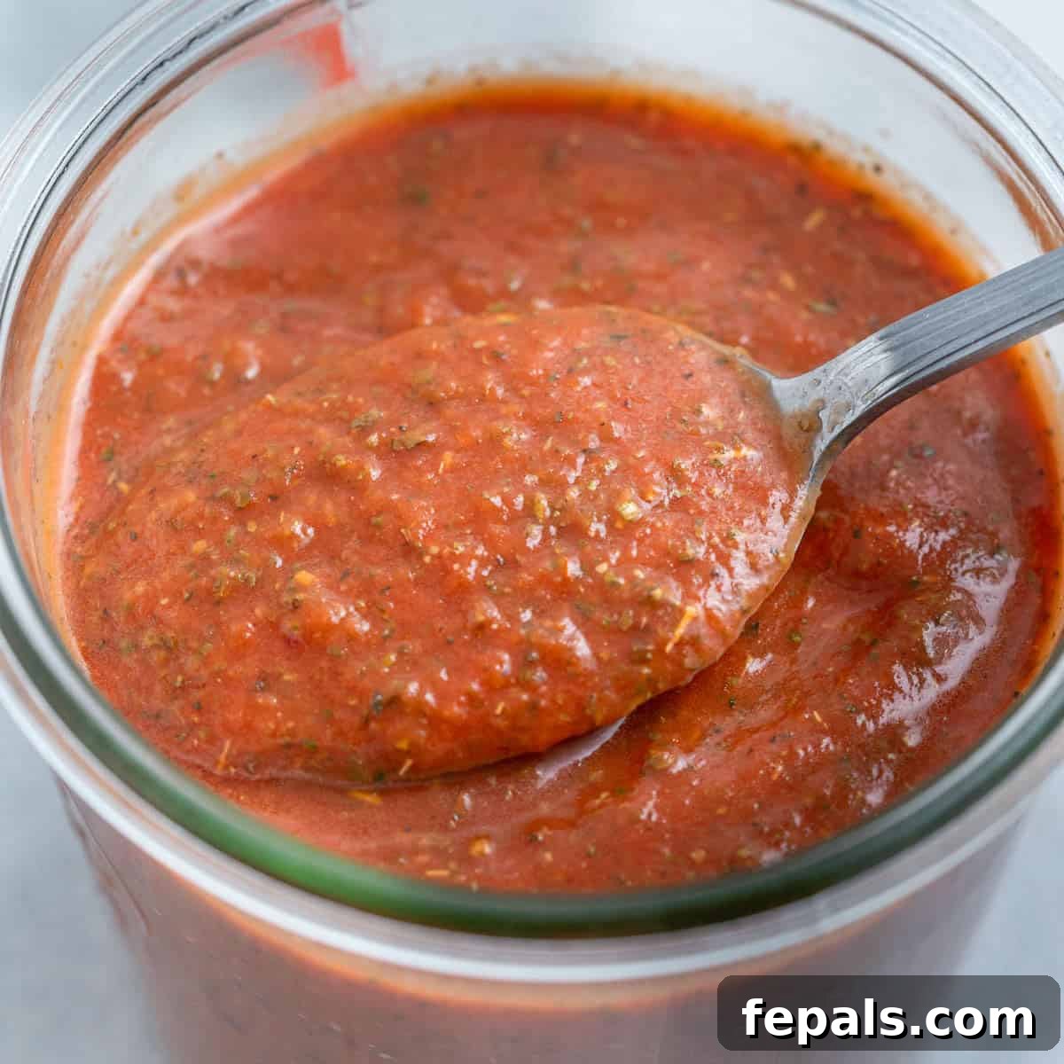A spoon scooping up vibrant homemade pizza sauce from a glass jar, showcasing its rich texture and enticing color.