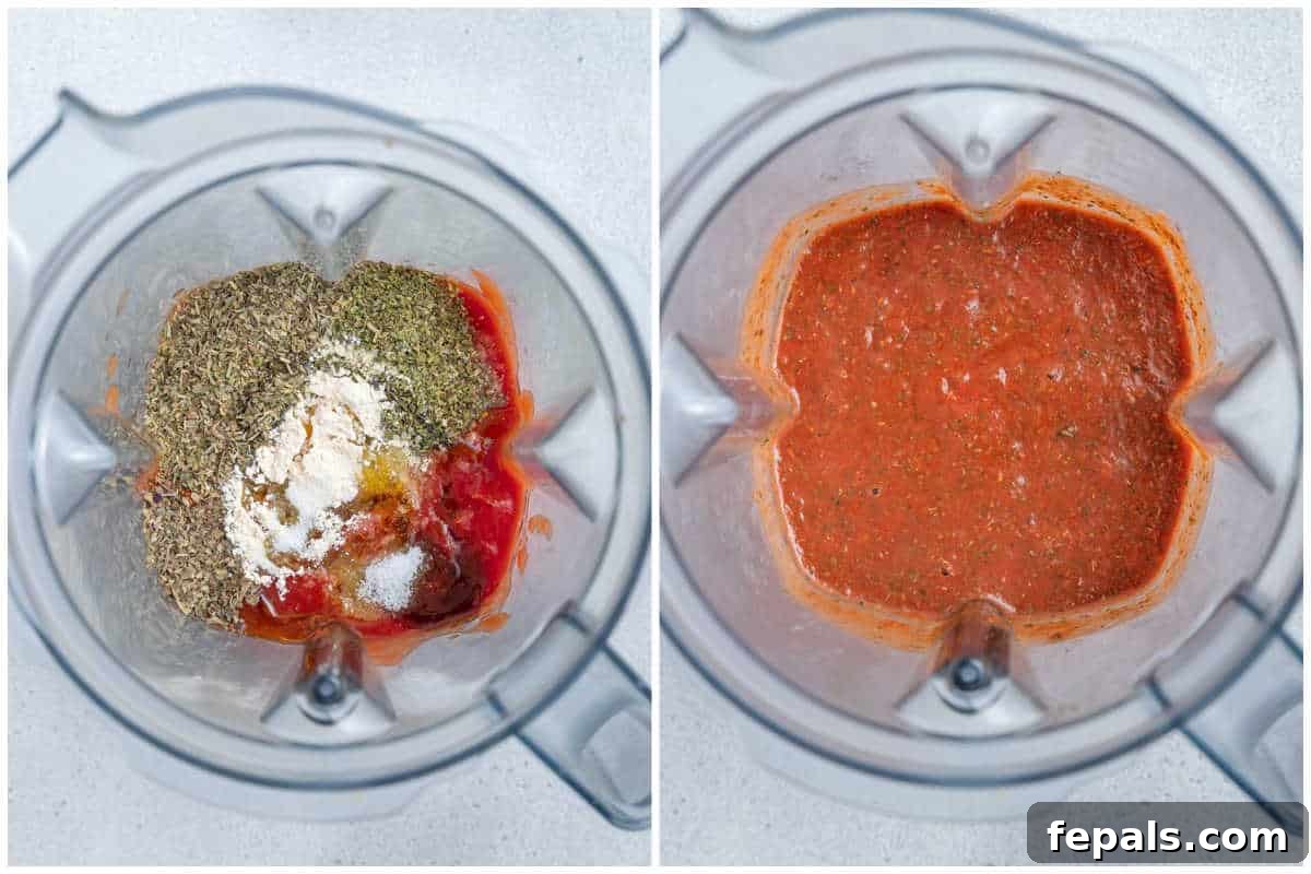 A process shot showing all the ingredients for homemade pizza sauce being added into a blender, illustrating the simplicity of preparation.
