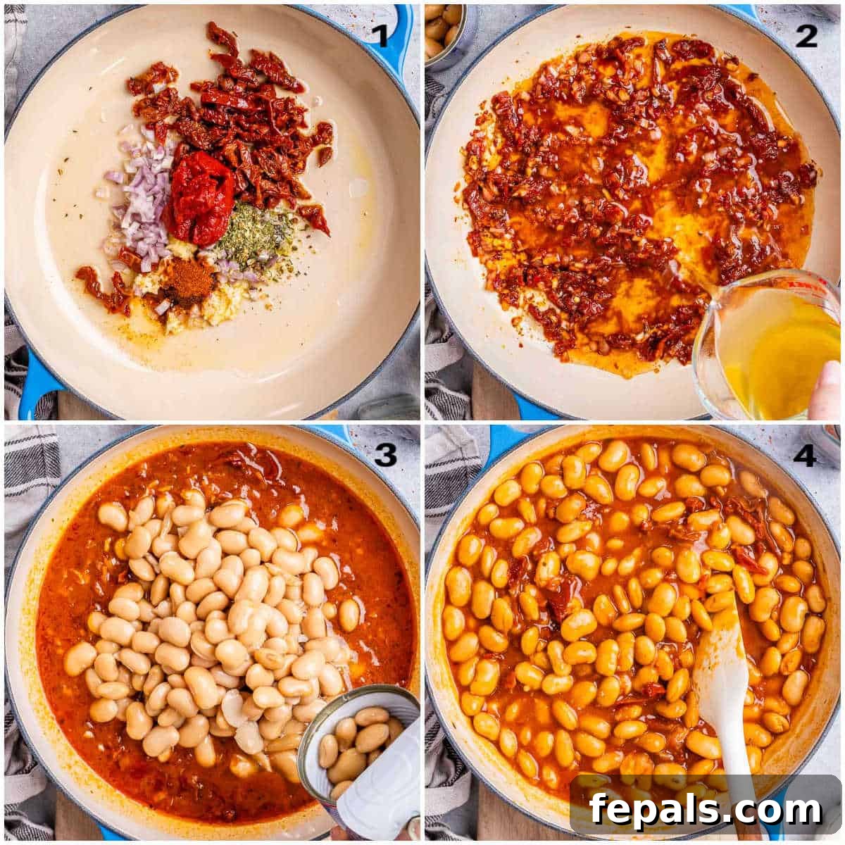 The Butter Bean Proposal 4 A collage showing the initial steps of cooking: sun-dried tomatoes, garlic, herbs, and seasonings sautéing in a skillet, followed by the addition of broth and beans, and then stirring the mixture in the pan.