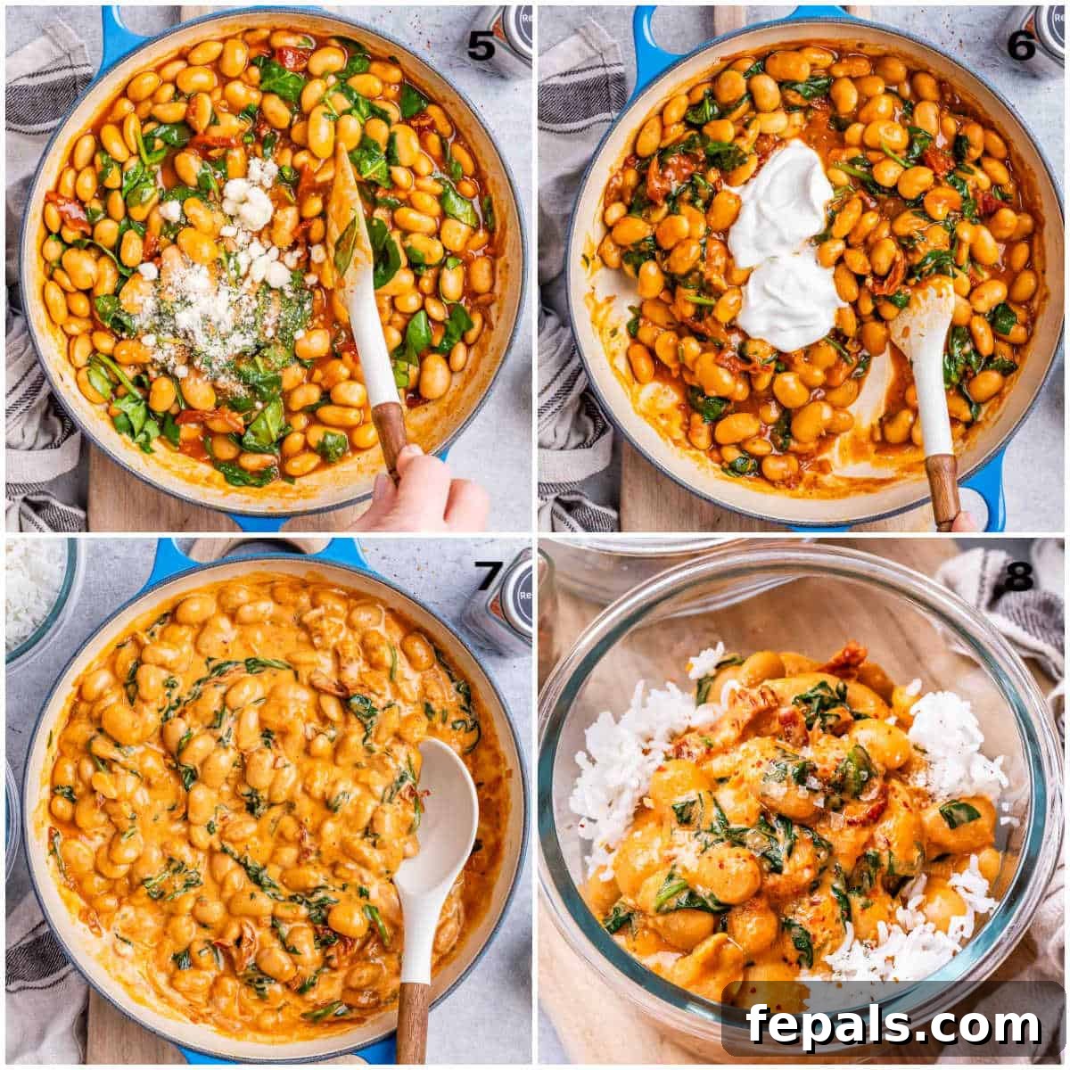 The Butter Bean Proposal 5 A collage illustrating the final steps: adding spinach, Parmesan, and Greek yogurt to the butter bean stew, mixing thoroughly, and then serving the finished dish over rice in a bowl.