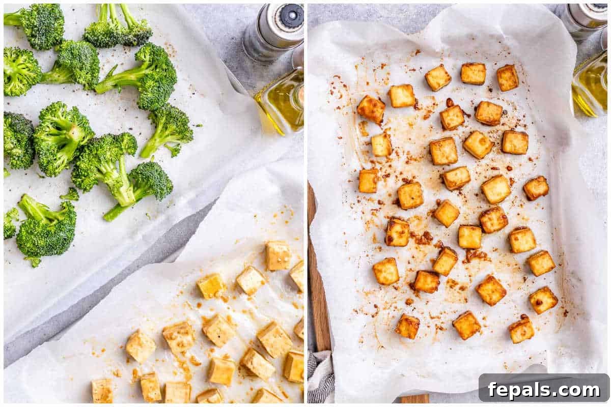 No-Fuss Teriyaki Tofu 4 A process shot showing cubed tofu seasoned and spread on one baking sheet with parchment paper, and broccoli florets seasoned and spread on a second baking sheet, ready for baking.