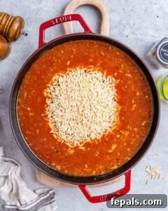 Large pot of uncooked orzo pasta being stirred in to a red sauce with green garnishes.