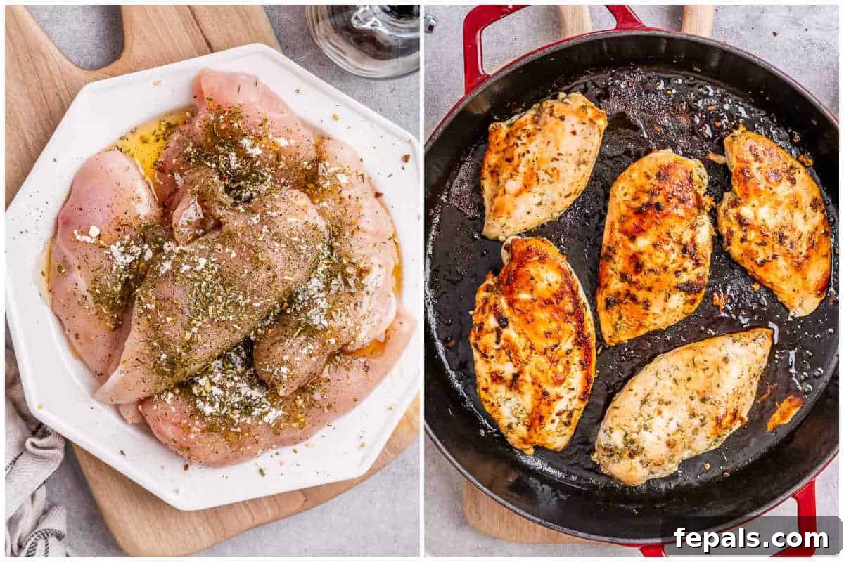 process shot to season the chicken and cook in a pan.