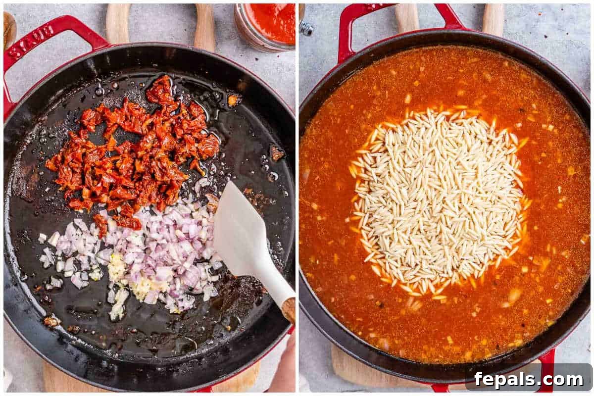 process shot to cook the onion, and sun-dried tomatoes in a skillet, then adding broth, tomato sauce and orzo.