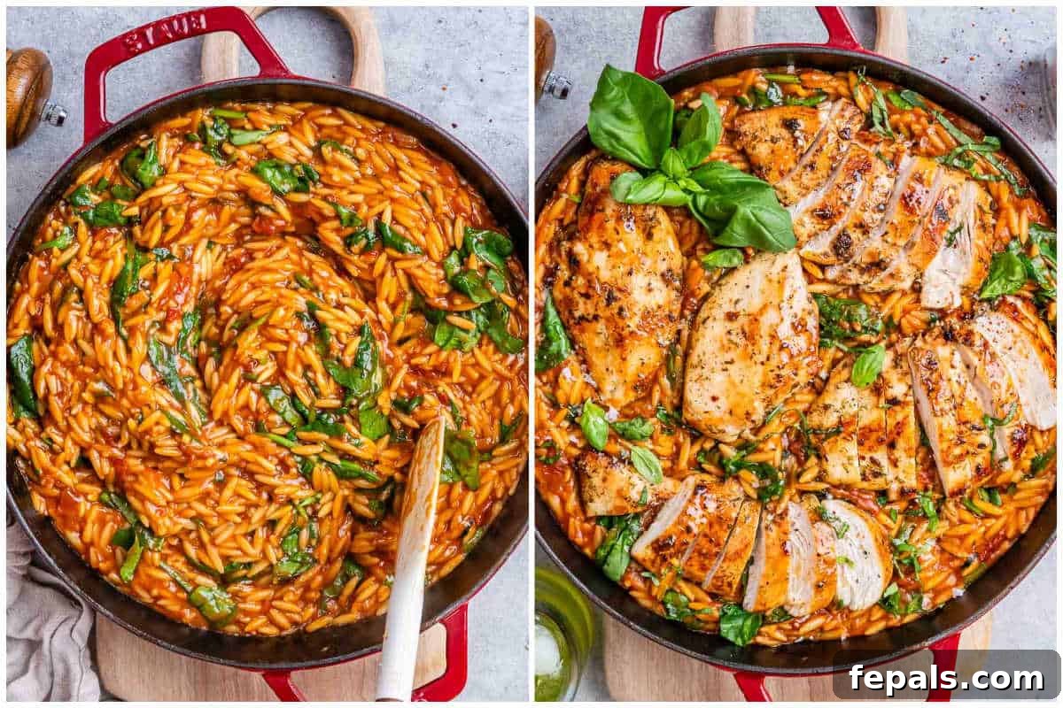 process shot to cooking the orzo in sauce and topping with chicken.