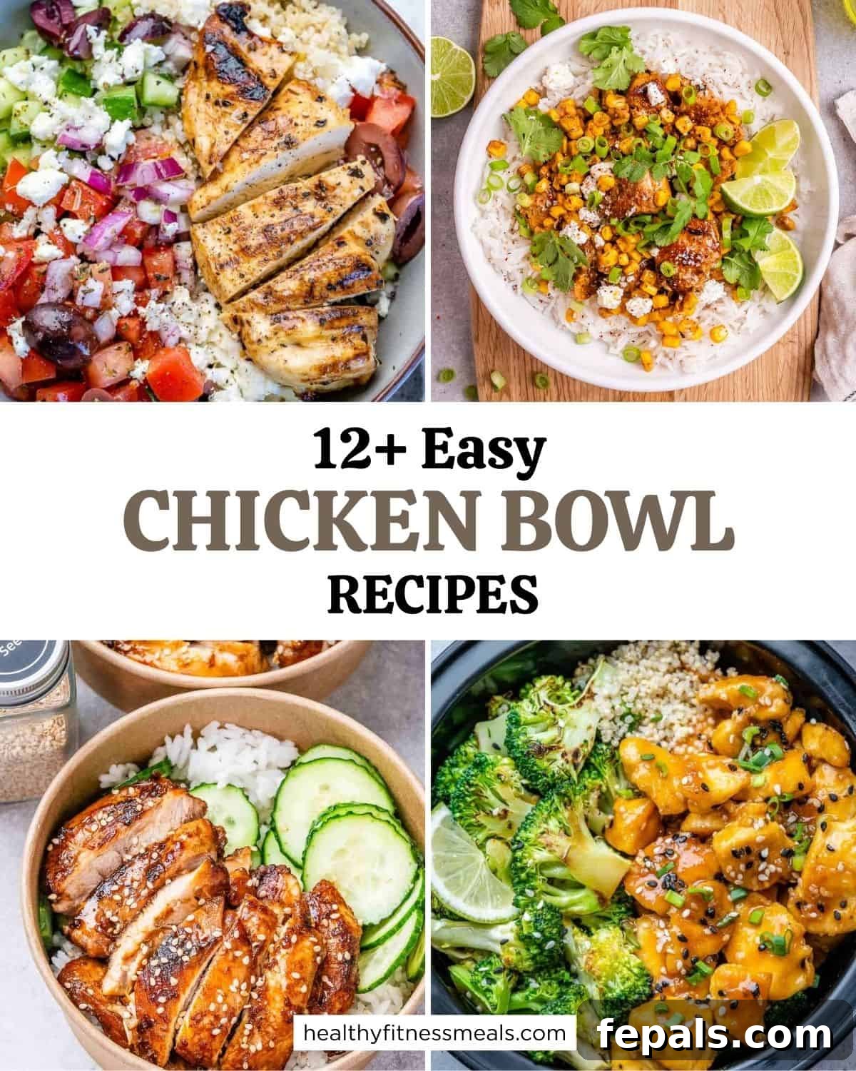 A vibrant collage showcasing four different, mouth-watering chicken bowls, each brimming with colorful ingredients and perfectly cooked chicken, set against a clean background.