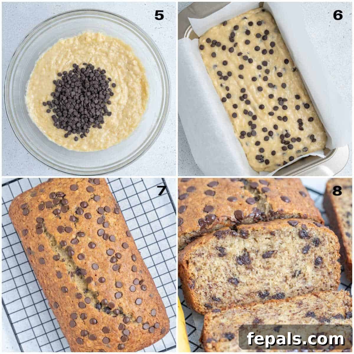 Nutty Browned Butter Banana Loaf 5 A collage showing banana bread batter being transferred to a loaf pan and the finished baked bread in the pan.