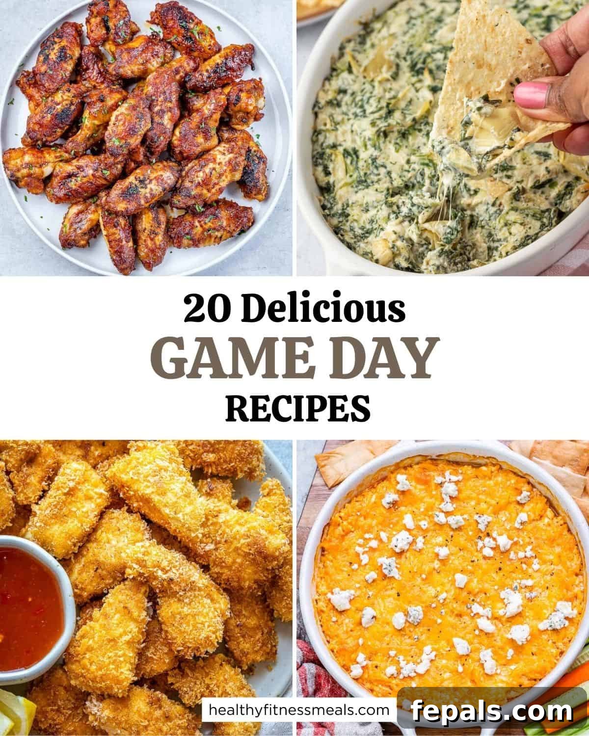 Your Winning Lineup: 20 Game Day Recipes 2 A vibrant collage showcasing a variety of delicious game day dishes, including chicken wings, nachos, dips, and desserts, perfect for a party spread.