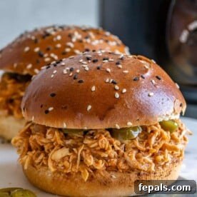 A juicy pulled chicken burger served on a plate, with a side of fresh garnish.
