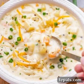 A spoon lifting a delightful bite of creamy cheesy potato soup, elegantly garnished with fresh green onions and shredded cheddar cheese.