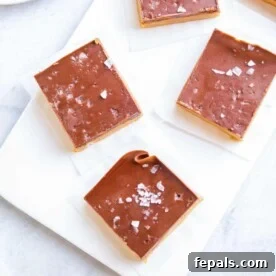 Three neatly arranged square peanut butter bars, drizzled with chocolate, on white parchment paper.