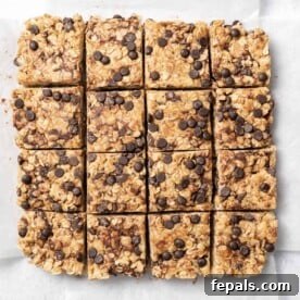 Top view of wholesome peanut butter oatmeal bars, neatly cut into squares and ready to serve.