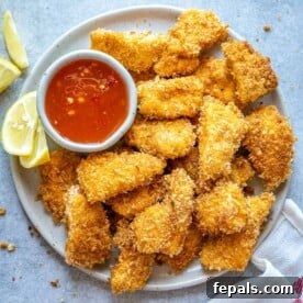 Top view of golden brown chicken nuggets on a white plate, accompanied by a small bowl of vibrant red dipping sauce.