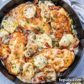 Valentine's Day Recipes for Grown-Ups 4 Mediterranean Chicken in a black skillet with artichokes.