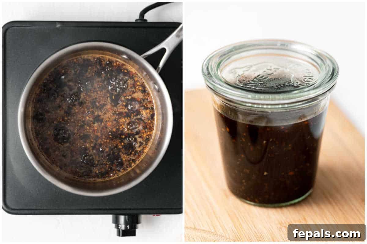 Your Own Signature Teriyaki Sauce 4 Teriyaki sauce simmering in a saucepan on the stove, beginning to thicken.