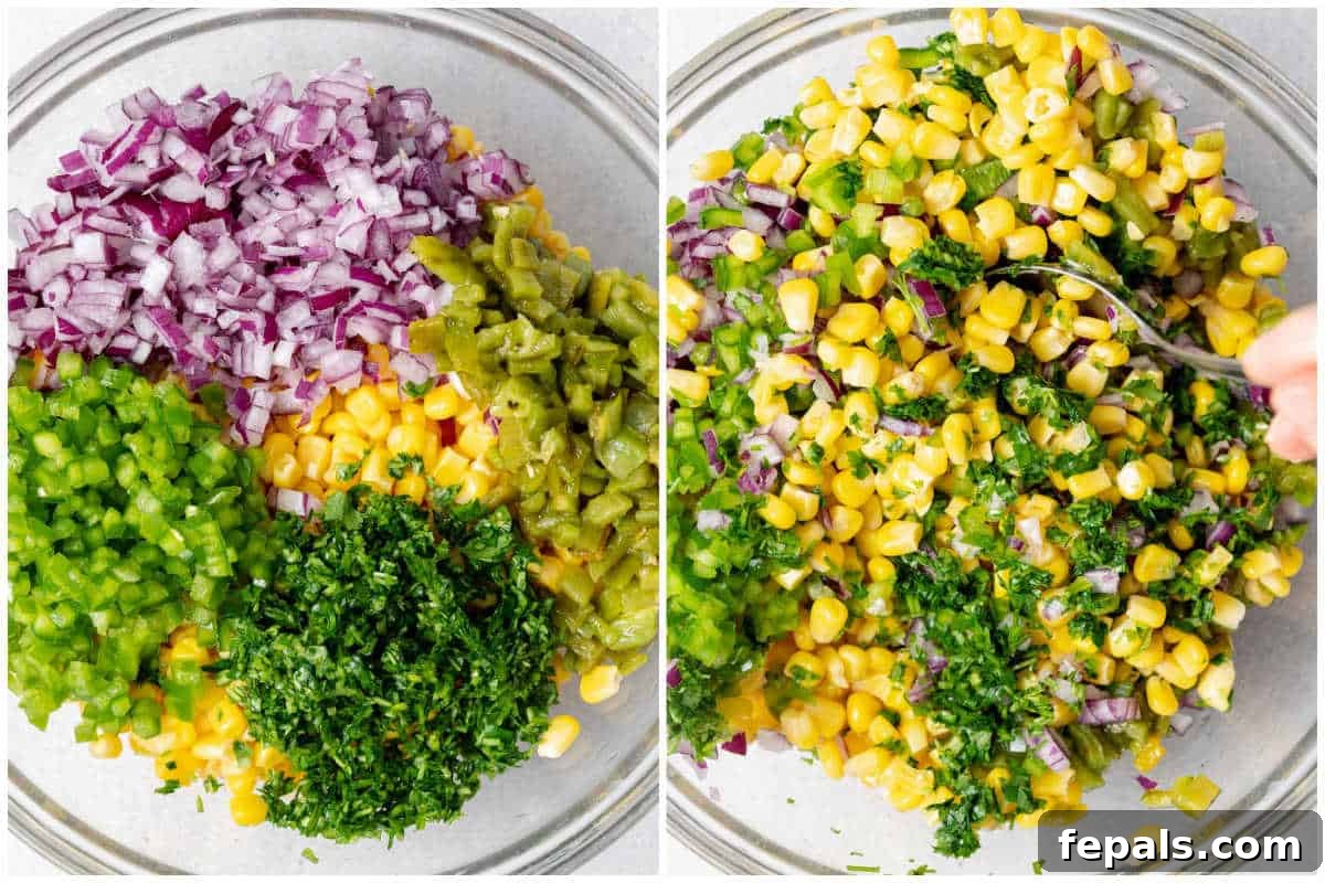 All the prepared ingredients for corn salsa placed in a large bowl, ready to be mixed.