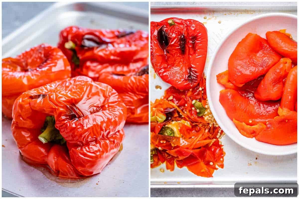 A two-part process shot showing red bell peppers roasting on a sheet pan, followed by a close-up of a hand peeling the charred skin off a roasted pepper.