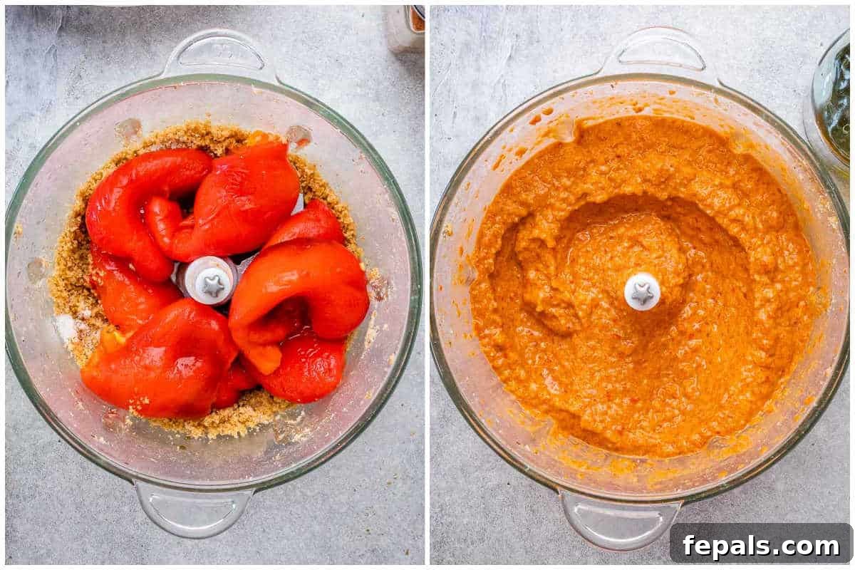 A process shot showing roasted red peppers, pomegranate molasses, and olive oil being added to a food processor containing ground walnuts and spices.