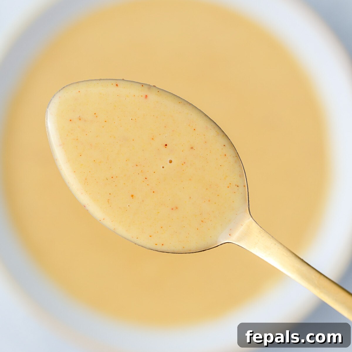 A spoonful of honey mustard sauce held above the bowl, showing its creamy texture.