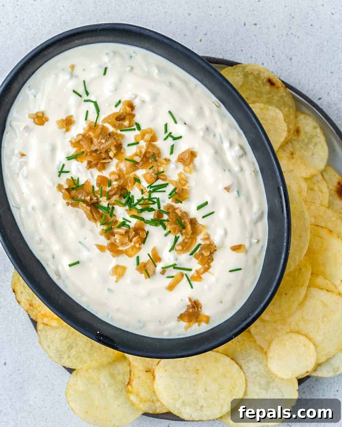 Decadent French Onion Dip 2 A beautifully presented bowl of homemade French Onion Dip, garnished with fresh chives and caramelized onions.