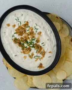 Decadent French Onion Dip 15 Hand holding a chip and dipping in french onion dip.