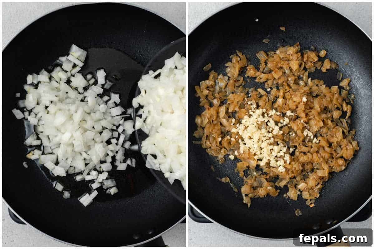 Decadent French Onion Dip 4 A process shot showing sliced onions gently sautéing in a pan over medium heat, beginning to soften and turn golden.