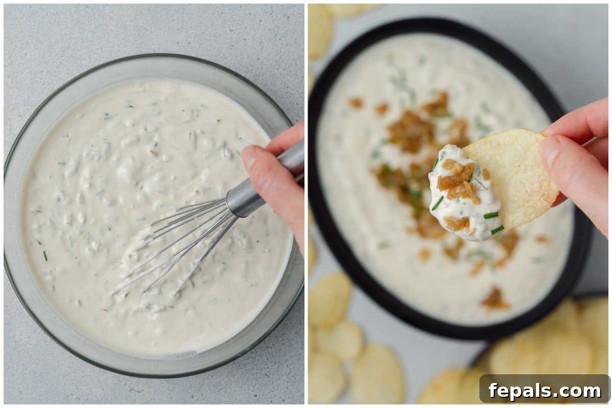Decadent French Onion Dip 6 A process shot showcasing the finished French Onion Dip being mixed in a bowl and then served with various dipping items.