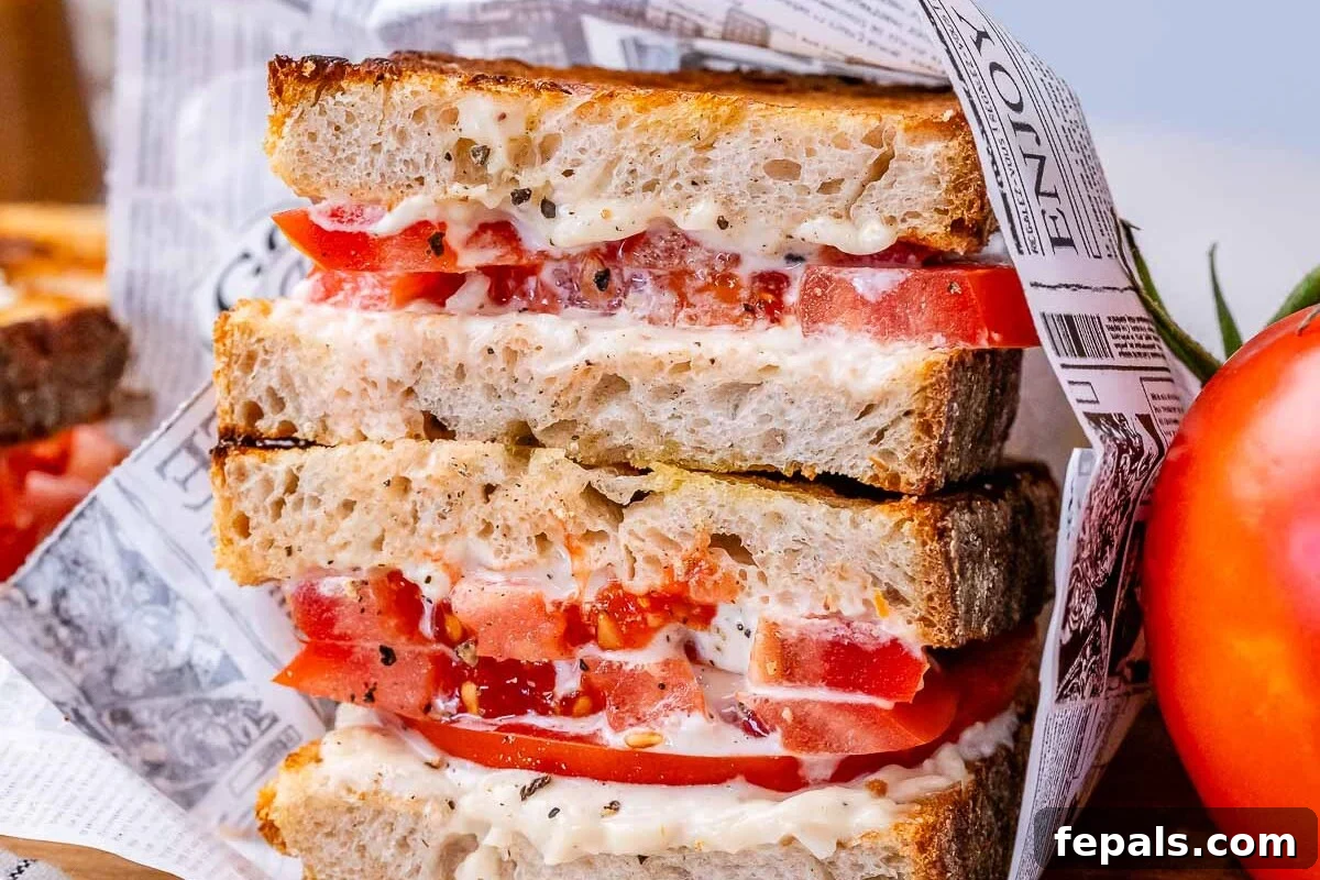 Two halves of a tomato sandwich stacked atop each other, showcasing the layers.