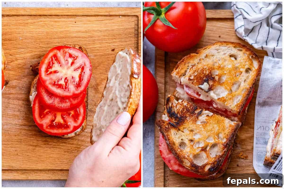 Process shot showing the assembly of the tomato sandwich and then slicing it in half.