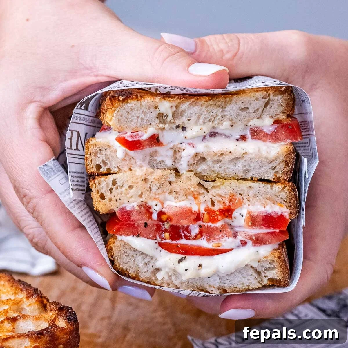 A hand holding a perfectly sliced tomato sandwich, ready to be enjoyed.