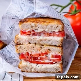 tomato sandwich cut in half and stacked on top of each other.