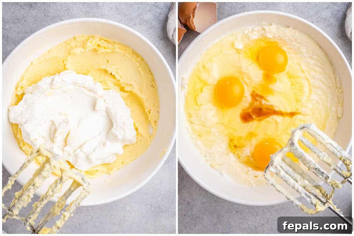 Process shot showing eggs and ricotta being gently mixed into the creamy butter and sugar batter in a mixing bowl.