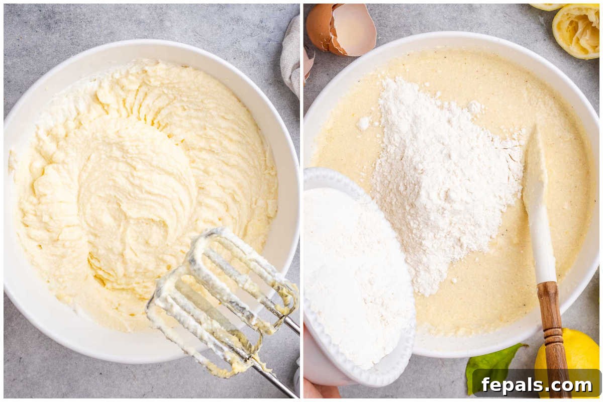 Process shot illustrating the dry flour mixture being added over the wet batter, ready for gentle incorporation.