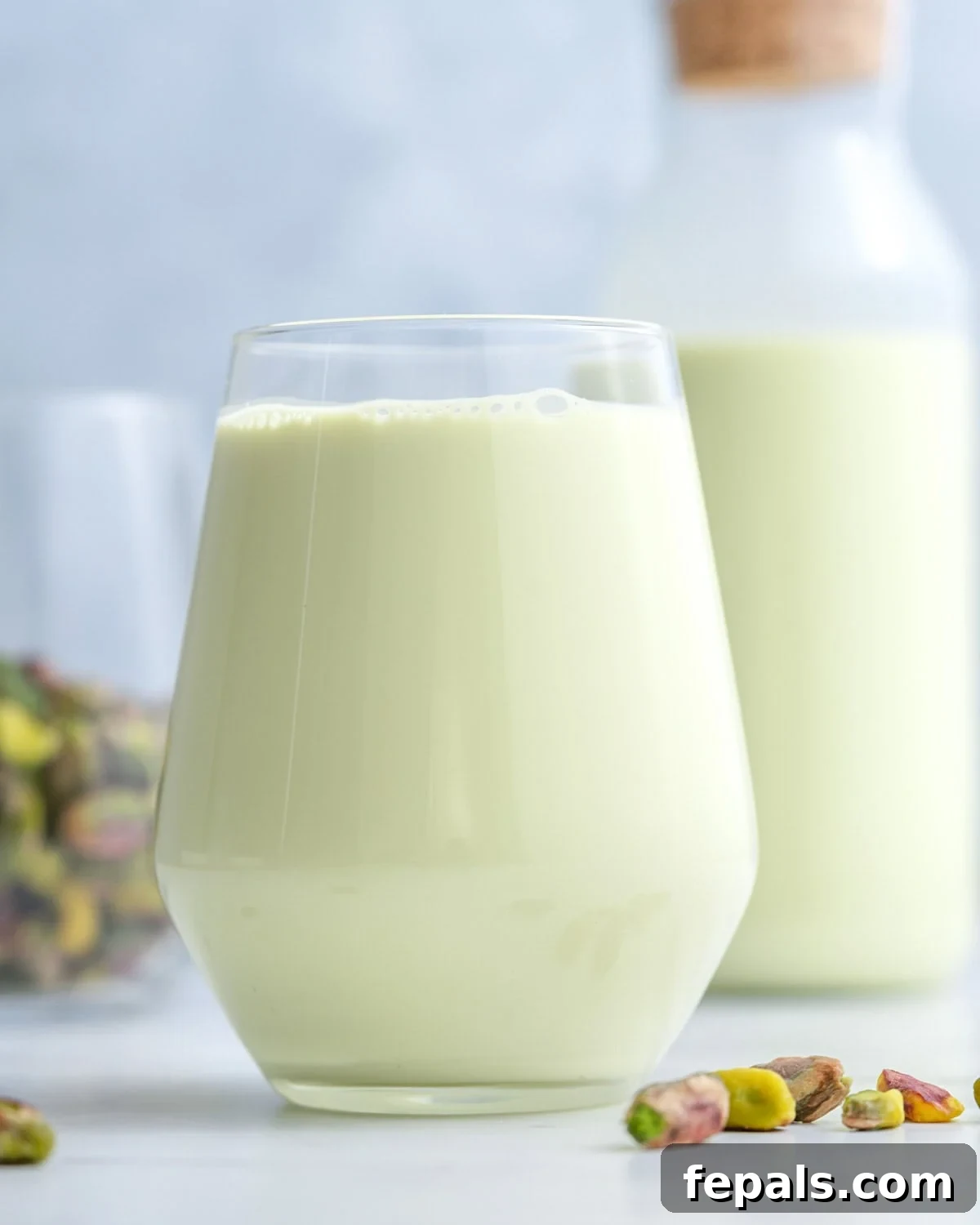 A glass filled with rich, creamy homemade pistachio milk, garnished with a few shelled pistachios.
