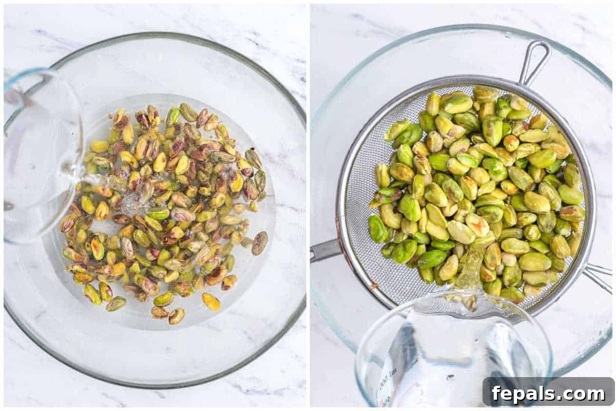 Shelled pistachios soaking in a bowl of water, followed by a bowl of drained and rinsed pistachios.