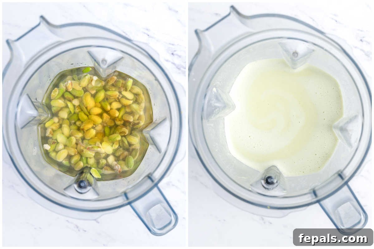 A high-speed blender filled with soaked pistachios and water, ready to be blended into milk.