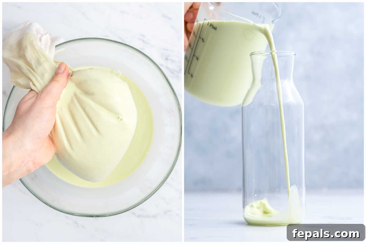 Straining pistachio milk through a nut milk bag, and then pouring the finished milk into a glass bottle.