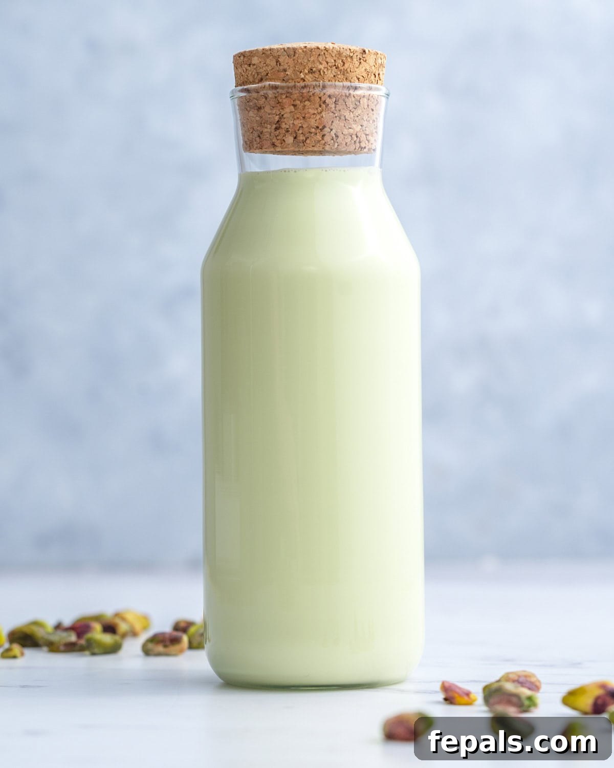 A glass jar filled with green pistachio milk, sitting on a wooden surface.
